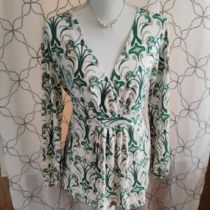 Duo Maternity Green and White Patterned Blouse
